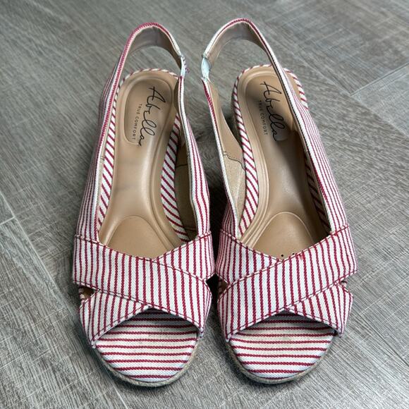 ABELLA TRUE COMFORT Women’s Shiloh Red and White Striped Espadrille Wedges - Picture 2 of 10